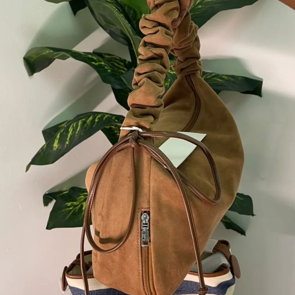 Camel Suede Ruched Hobo