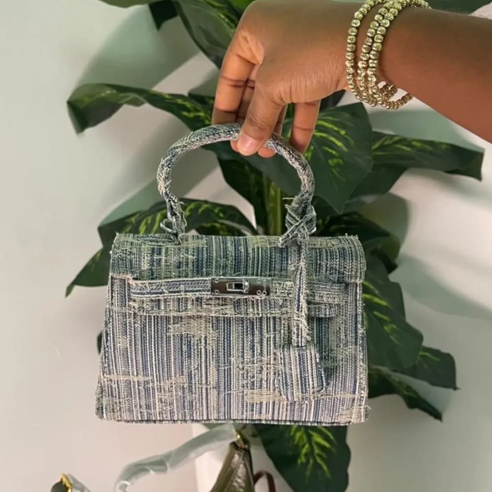 Frayed Denim Mini Top-Handle Bag