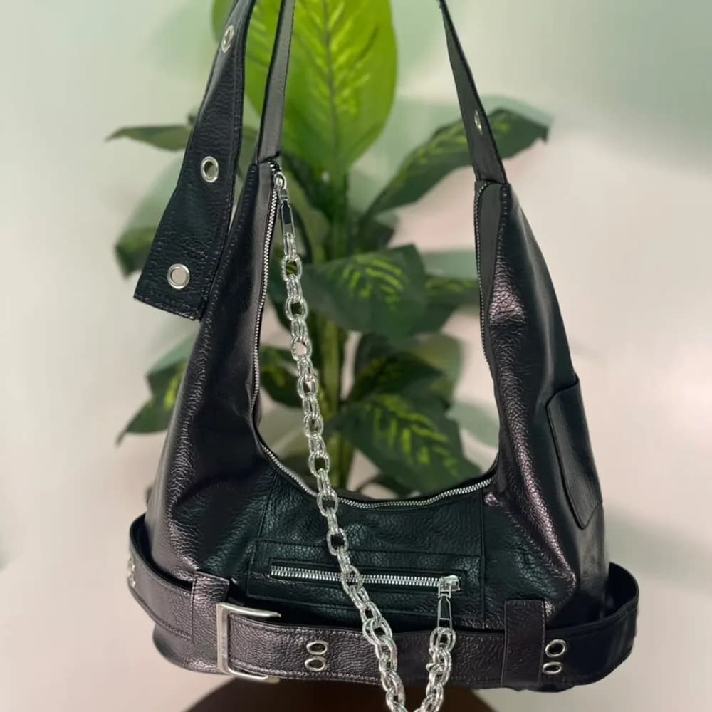 Noir Chain & Belt Slouch Bag