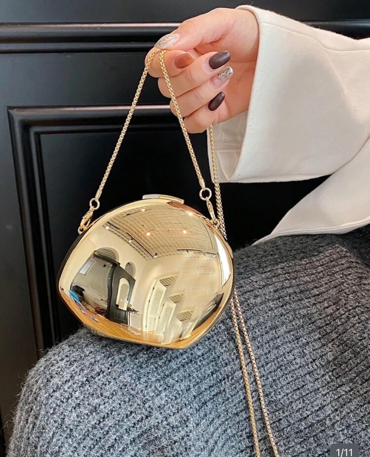 Glossy Gold Shell Clutch Bag For Women, Luxury Mirror Asymmetric Hard Shell Evening Bag, Mini Chain Crossbody Small Bag, Party Dress Accessory